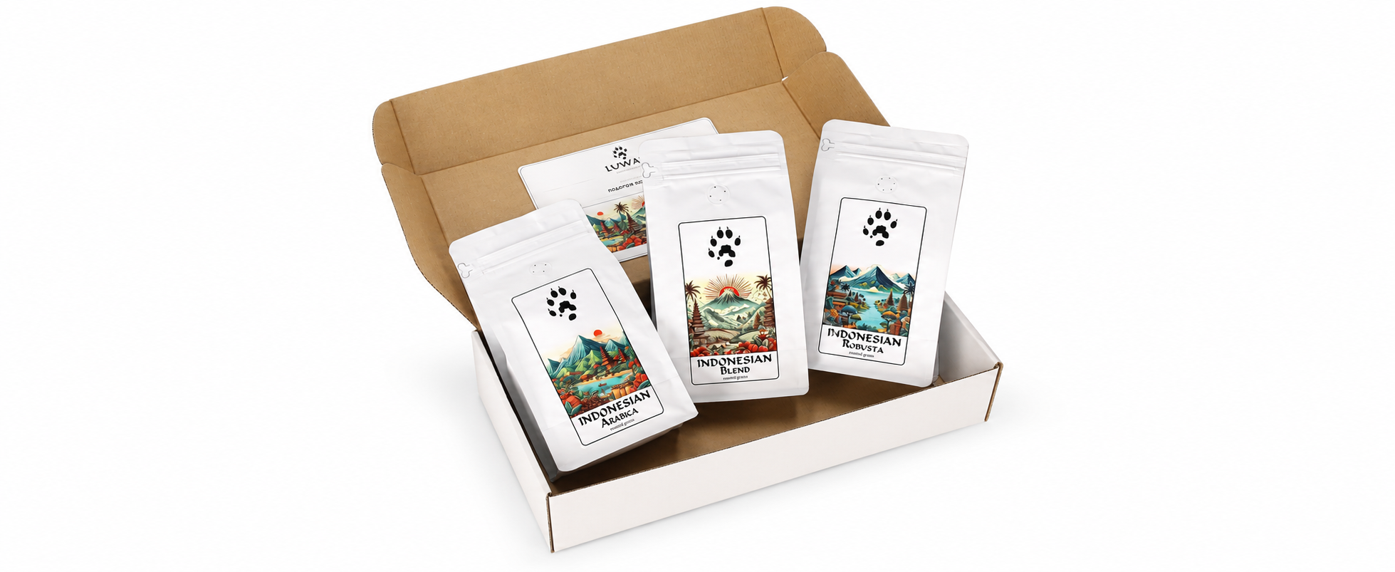 Дегустационный набор кофе LUWAK – Indonesian Arabica, Blend 50/50 и Robusta по 400 г в подарочной коробке.